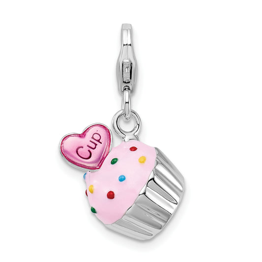 Amore La Vita Sterling Silver Rhodium-plated Polished 3-D Enameled Cupcake and Heart Charm with Fancy Lobster Clasp