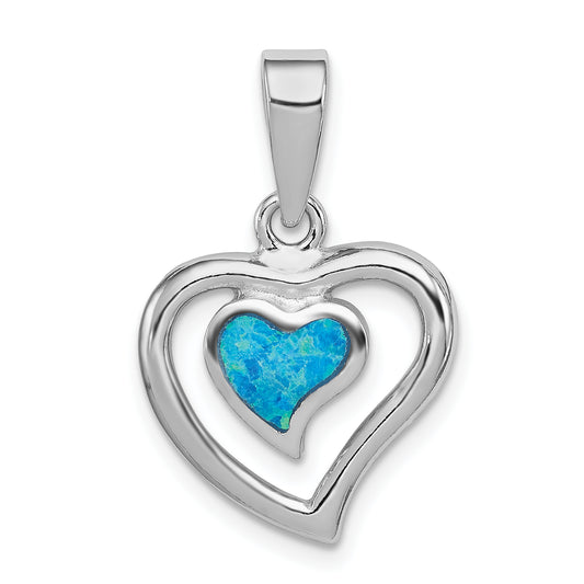 Sterling Silver Rhodium-plated Created Blue Opal Inlay Heart Pendant
