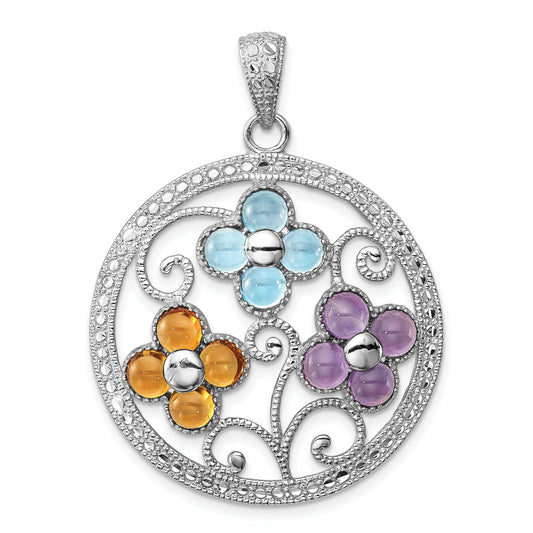 Sterling Silver Rhodium-plated Citrine Bl Topaz and Amethyst Flower Pendant