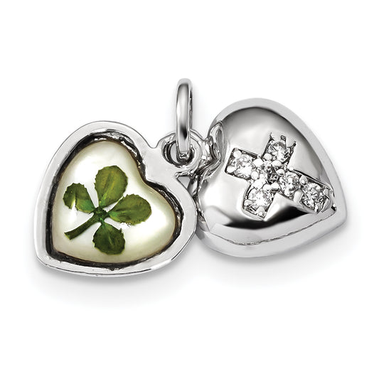 Sterling Silver Platinum Plate Leaf Clover Epoxy and Shell CZ Heart Charm