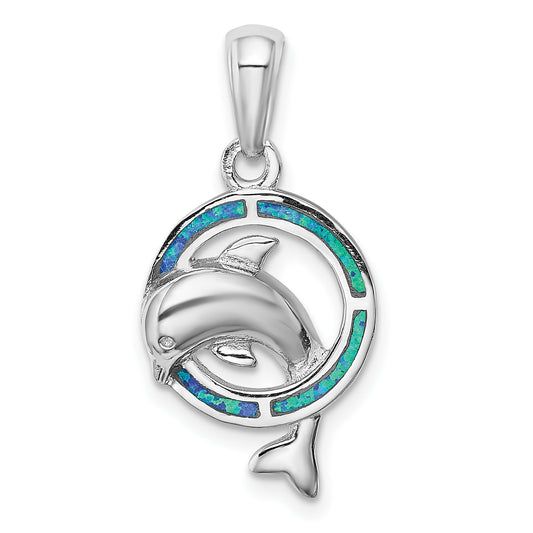 Sterling Silver Rhod-plated Blue Inlay Created Opal Dolphin Pendant