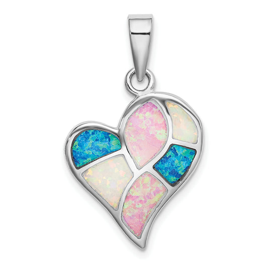 Sterling Silver Rhodium-plated Created Opal Polished Heart Pendant