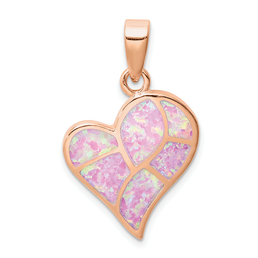 Sterling Silver Rose-tone Created Pink Opal Inlay Heart Pendant