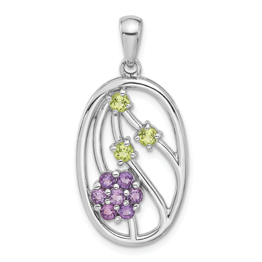 Sterling Silver Rhodium-plated Amethyst and Peridot Flower Pendant