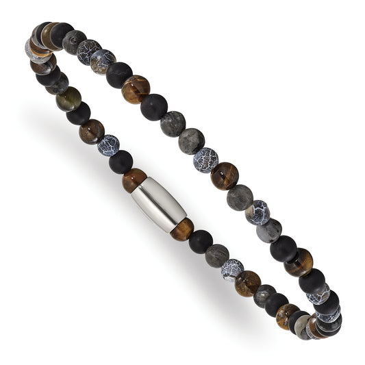 \"Chisel Stainless Steel Polished 5mm Spectrolite, Agate, Tiger's Eye and Blue Stone Beaded Stretch Bracelet \"