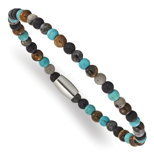 \"Chisel Stainless Steel Polished 5mm Spectrolite, Agate, Tiger's Eye and Howlite Beaded Stretch Bracelet\"