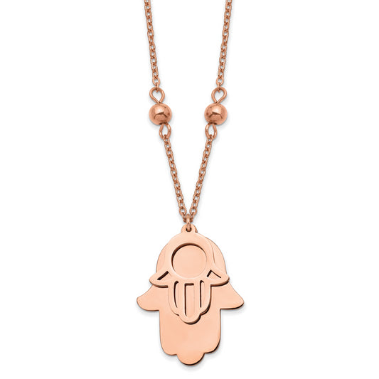 Chisel Stainless Steel Polished Rose IP-plated Hamsa Pendant on a 19.75 inch Beaded Cable Chain Necklace
