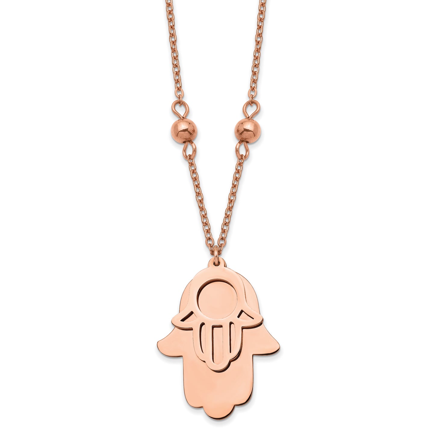 Chisel Stainless Steel Polished Rose IP-plated Hamsa Pendant on a 19.75 inch Beaded Cable Chain Necklace
