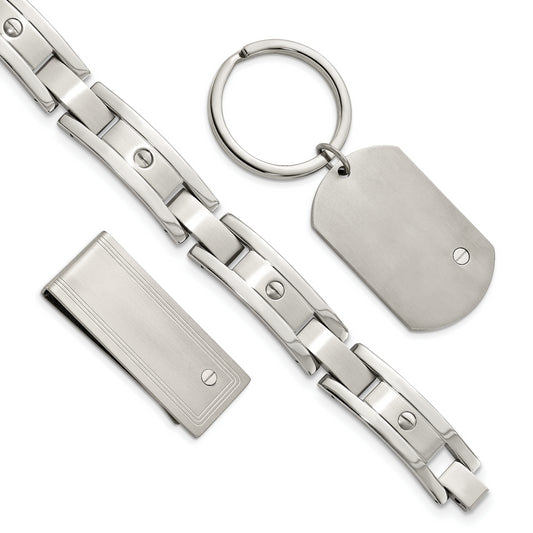 \"Chisel Stainless Steel Brushed and Polished 8.25 inch Bracelet, Money Clip and Key Ring Set \"