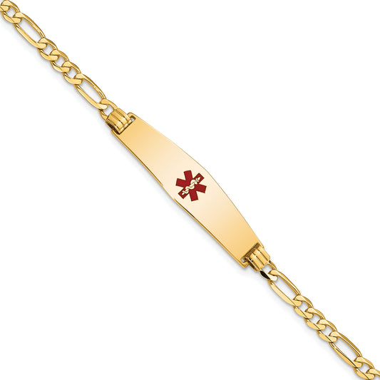 14K Medical Soft Diamond Shape Red Enamel Flat Figaro Link ID Bracelet
