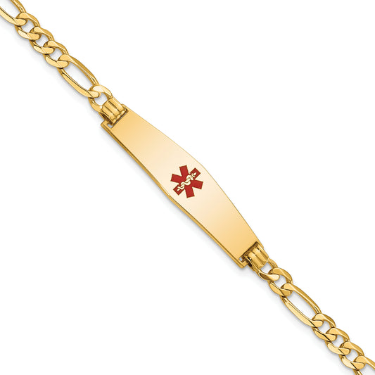 14 Karat Yellow Gold Centered Medical 8.5mm Soft Diamond Shape Red Enamel Flat Figaro Link ID Bracelet