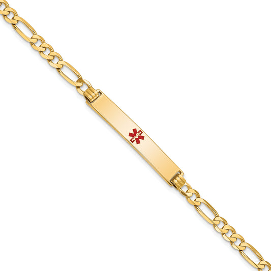 14 Karat Yellow Gold 6.5mm Medical Red Enamel Flat Figaro Link ID Bracelet