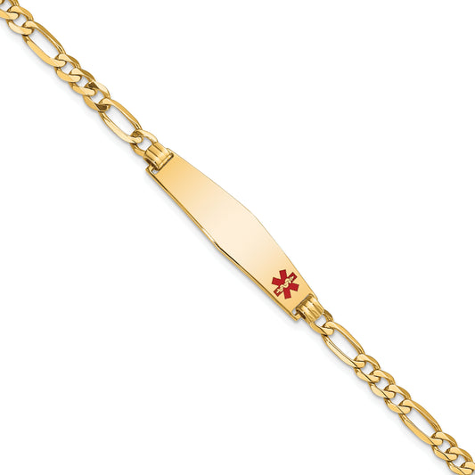 14 Karat Yellow Gold Medical 8.5mm Soft Diamond Shape Red Enamel Flat Figaro Link ID Bracelet