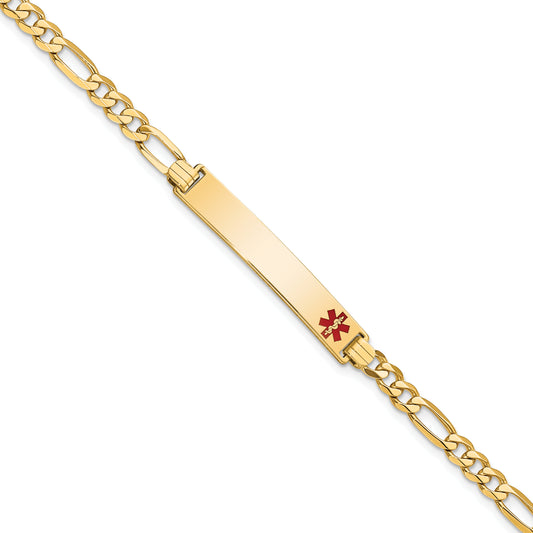 14 Karat Yellow Gold 6.5mm Medical Red Enamel Flat Figaro Link ID 7 inch Bracelet