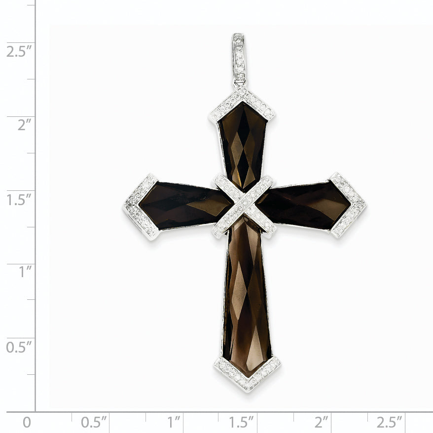 14k White Gold Diamond and Smoky Quartz Cross Pendant