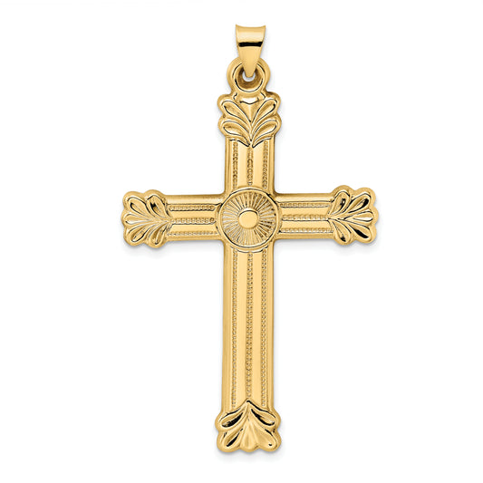 14k Polished and Textured Solid Circle Center Cross Pendant