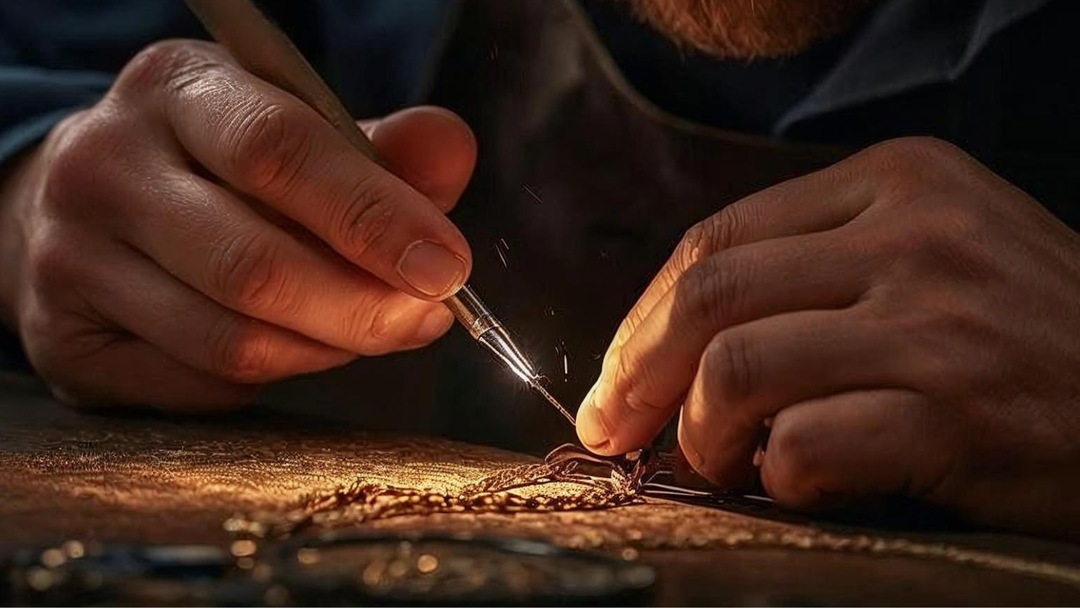 A close up image of a bench jeweler repairing a piece of jewelry