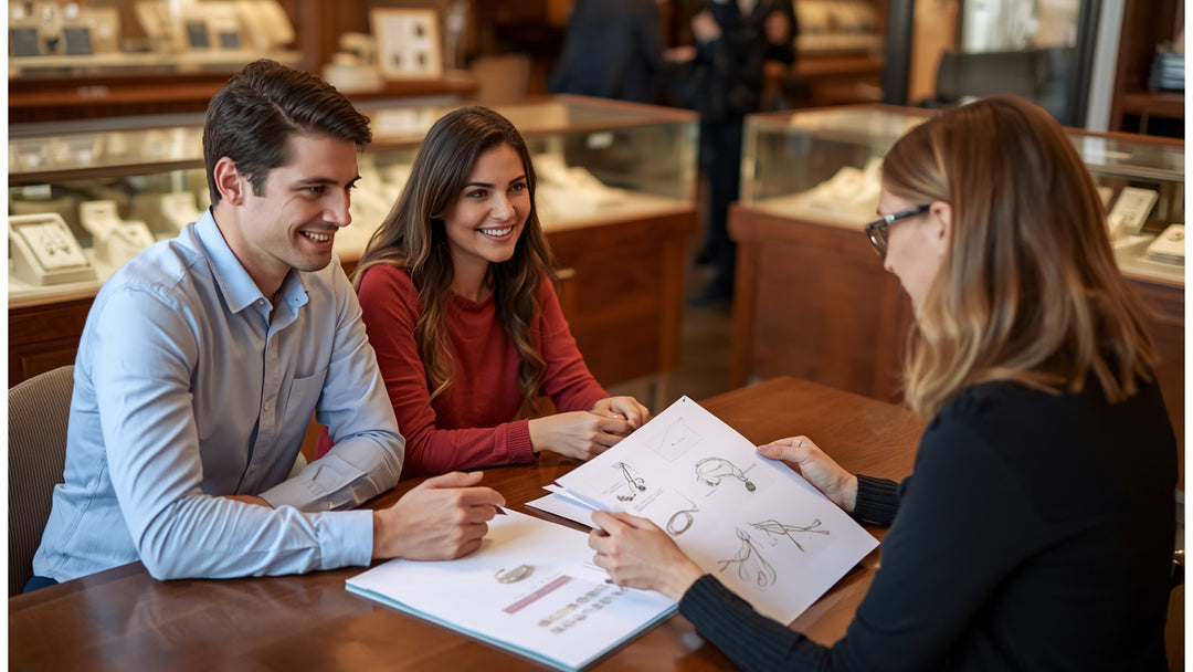 A Couple Sitting At A Jewelry Store Consultation Table With A Professional Jeweler Discussing Custom Jewelry Design. The Jeweler Is Showing Them Sketches And Jewelry Samples. Warm Pro — AJ's Jewelry Ridgewood Queens NY