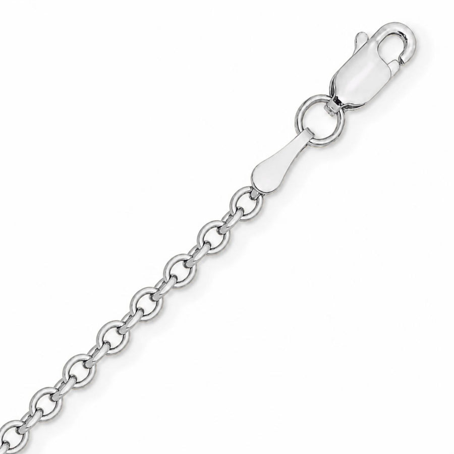 Close-up of a 1.1 mm white gold cable chain with a lobster claw clasp