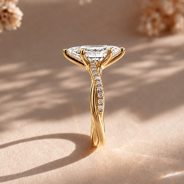 1.5 carat marquise lab grown diamond engagement ring shown from the side on a styled display at AJ's Jewelry in Ridgewood, Queens NY