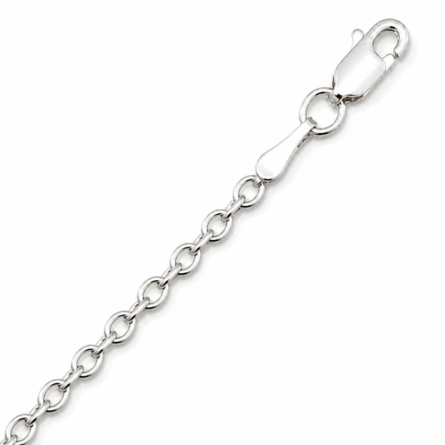Close-up of a 1.5 mm sterling silver cable chain with a lobster claw clasp