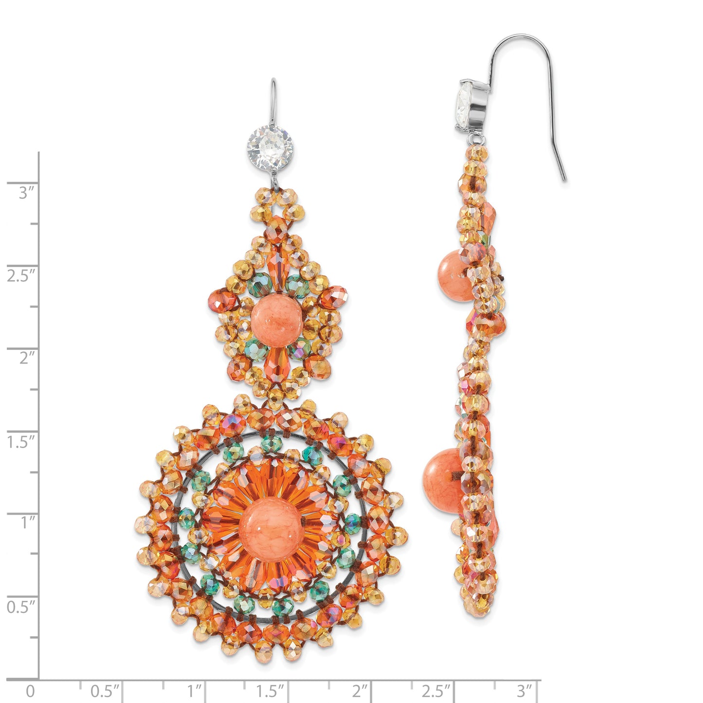 Silver-tone CZ, Synthetic Jade and Beaded Medallion Dangle Earrings