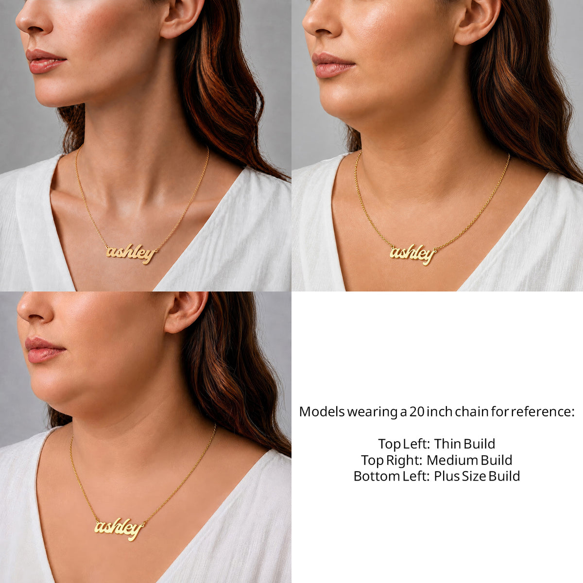 14 Karat Bold Letter Name Necklace on a 20-inch chain shown on thin, medium and plus-size models for size reference – AJ's Jewelry