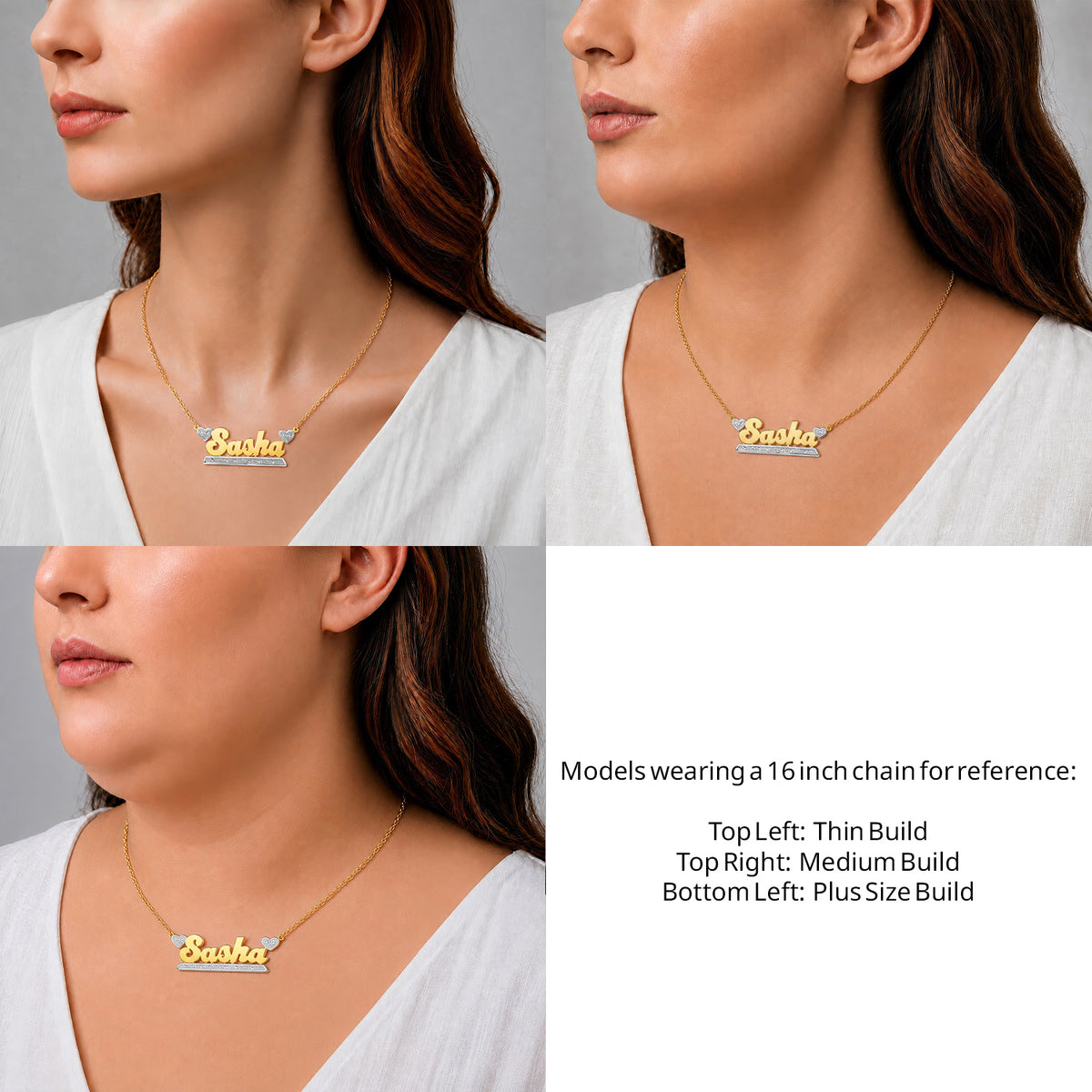14 Karat Bold Name Necklace with Two Hearts on a 16-inch chain shown on thin, medium and plus-size models for size reference – AJ's Jewelry