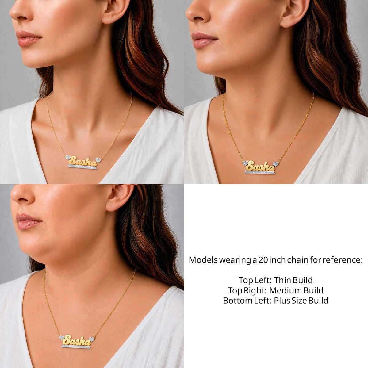 14 Karat Bold Name Necklace with Two Hearts on a 20-inch chain shown on thin, medium and plus-size models for size reference – AJ's Jewelry