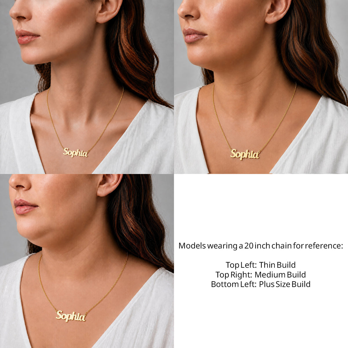 14 Karat Bold Print Name Necklace on a 20-inch chain shown on thin, medium and plus-size models for size reference – AJ's Jewelry