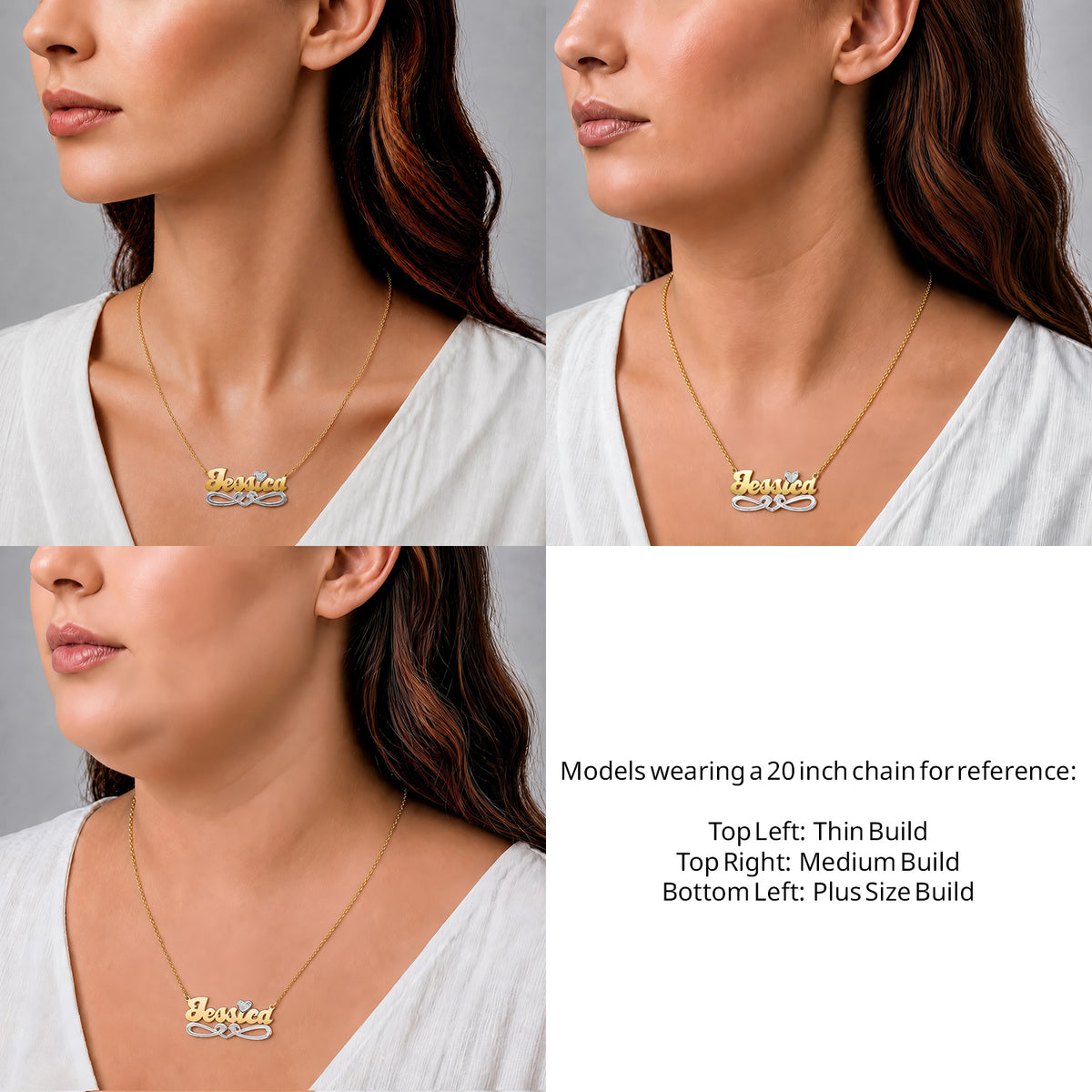 14 Karat Bold Script Name Necklace with Tail on a 20-inch chain shown on thin, medium and plus-size models for size reference – AJ's Jewelry