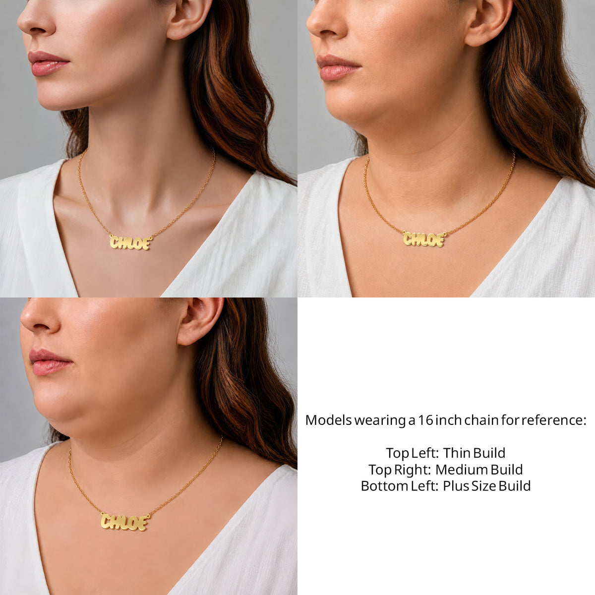 14 Karat Bubble Letter Name Necklace on a 16-inch chain shown on thin, medium and plus-size models for size reference – AJ's Jewelry
