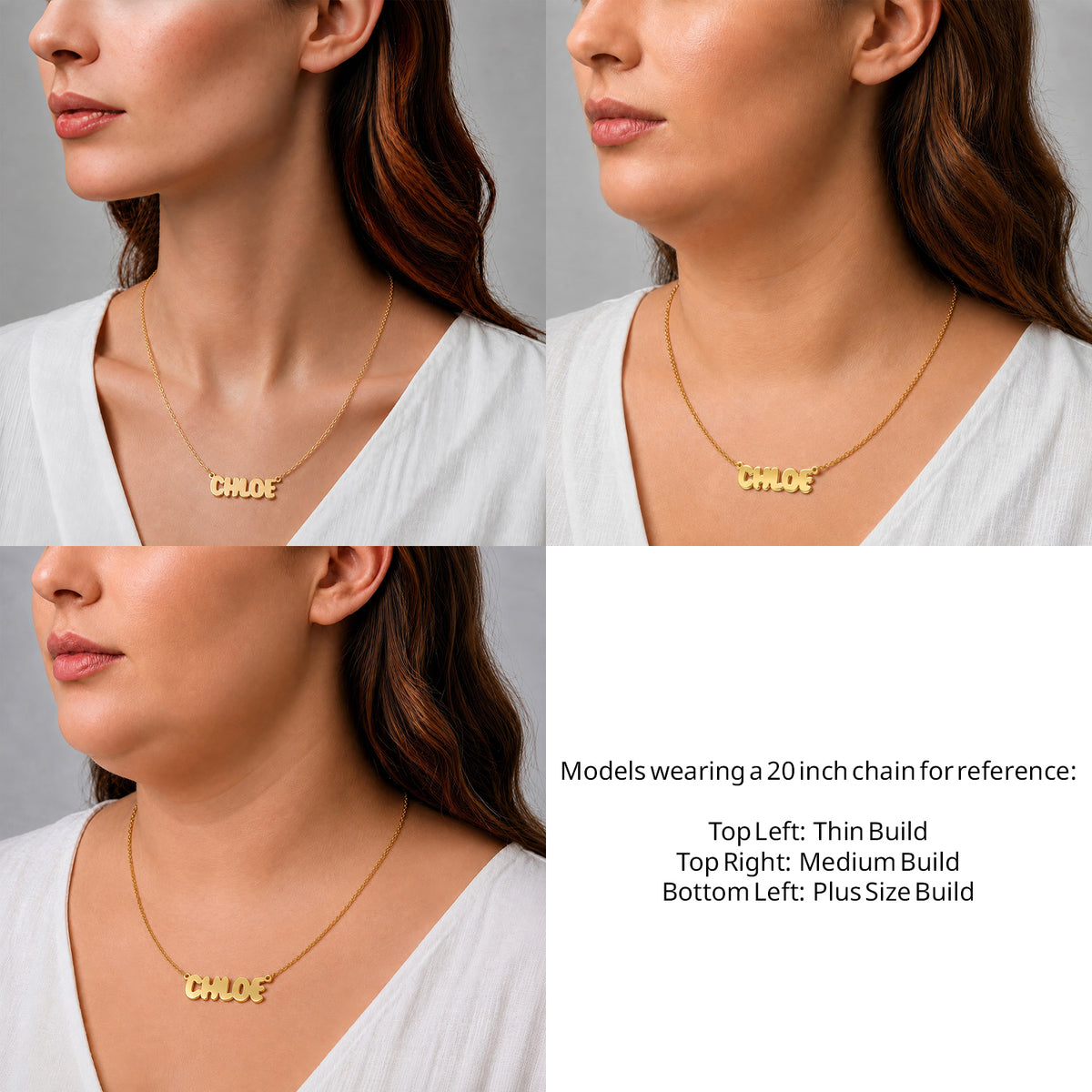 14 Karat Bubble Letter Name Necklace on a 20-inch chain shown on thin, medium and plus-size models for size reference – AJ's Jewelry