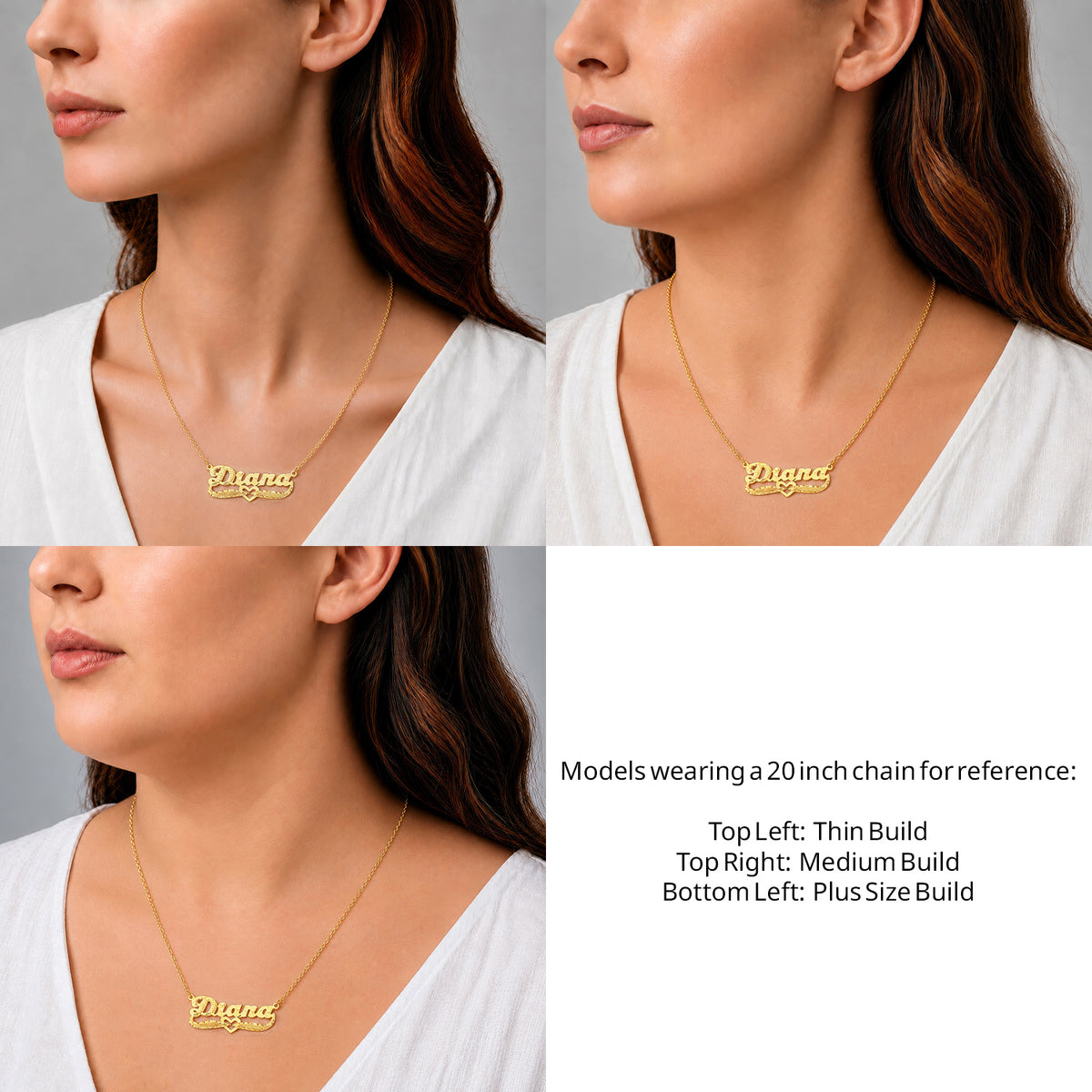 14 Karat Diamond Cut & Florentine Name Necklace on a 20-inch chain shown on thin, medium and plus-size models for size reference – AJ's Jewelry