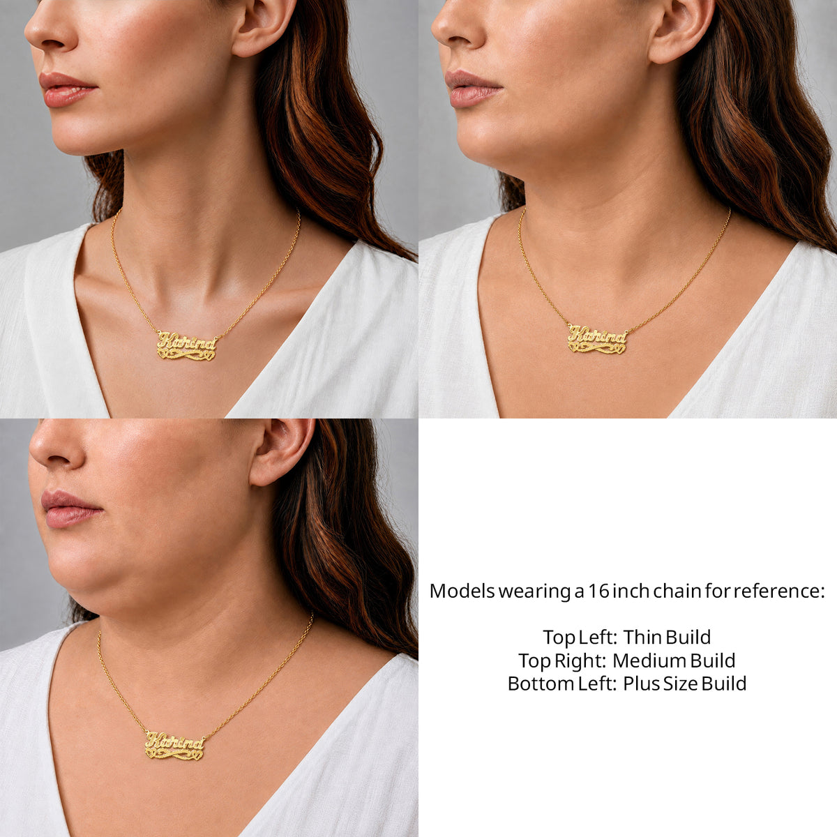 14 Karat Diamond Cut & Florentine Name Necklace with Hearts on a 16-inch chain shown on thin, medium and plus-size models for size reference – AJ's Jewelry