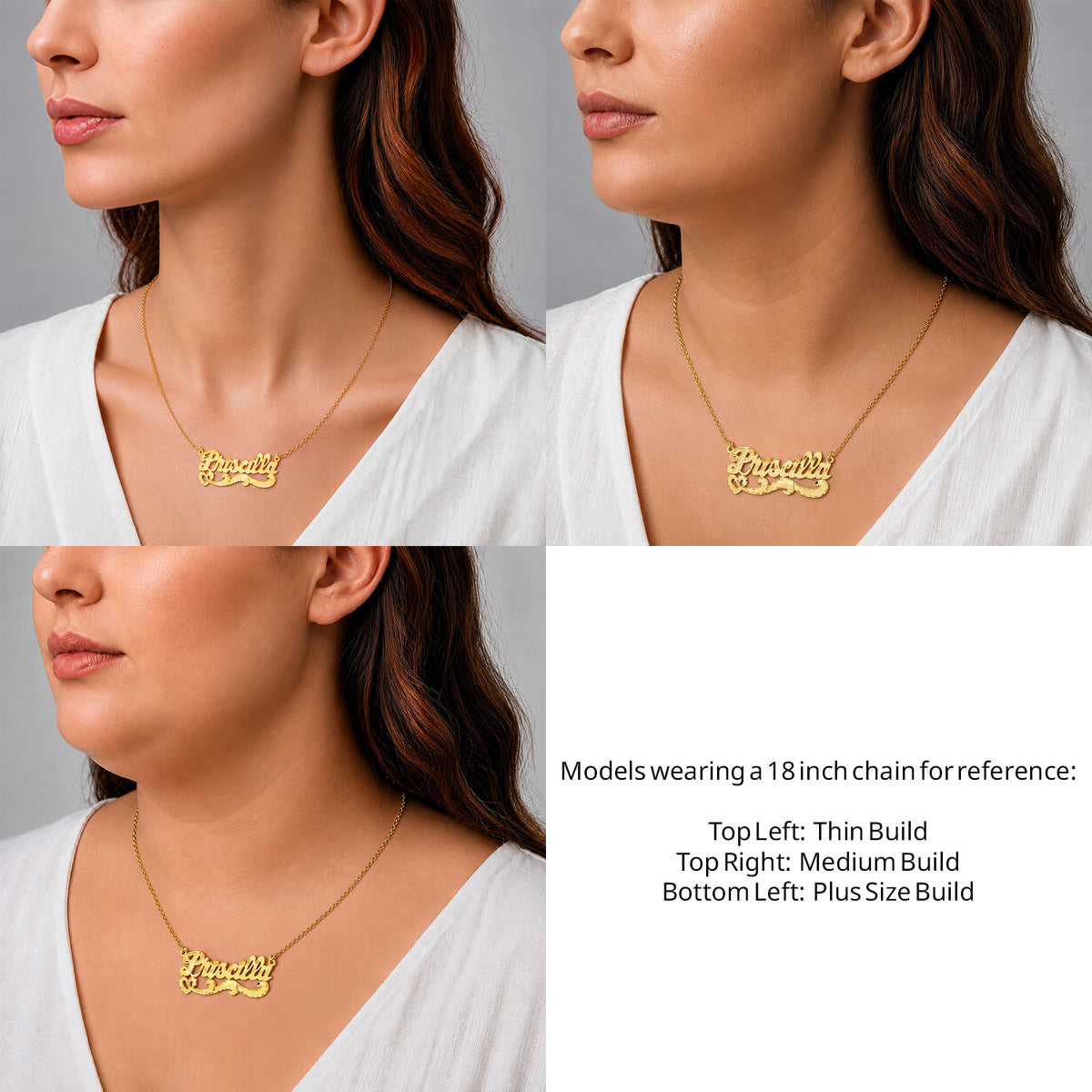 14 Karat Diamond Cut Name Necklace on an 18-inch chain shown on thin, medium and plus-size models for size reference – AJ's Jewelry
