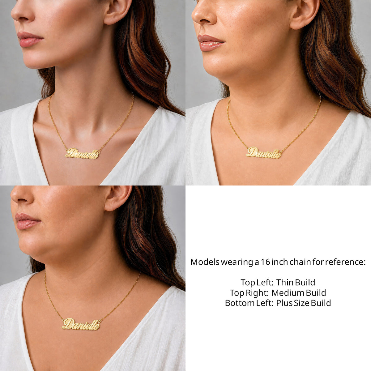 14 Karat Fancy Script Name Necklace on a 16-inch chain shown on thin, medium and plus-size models for size reference – AJ's Jewelry