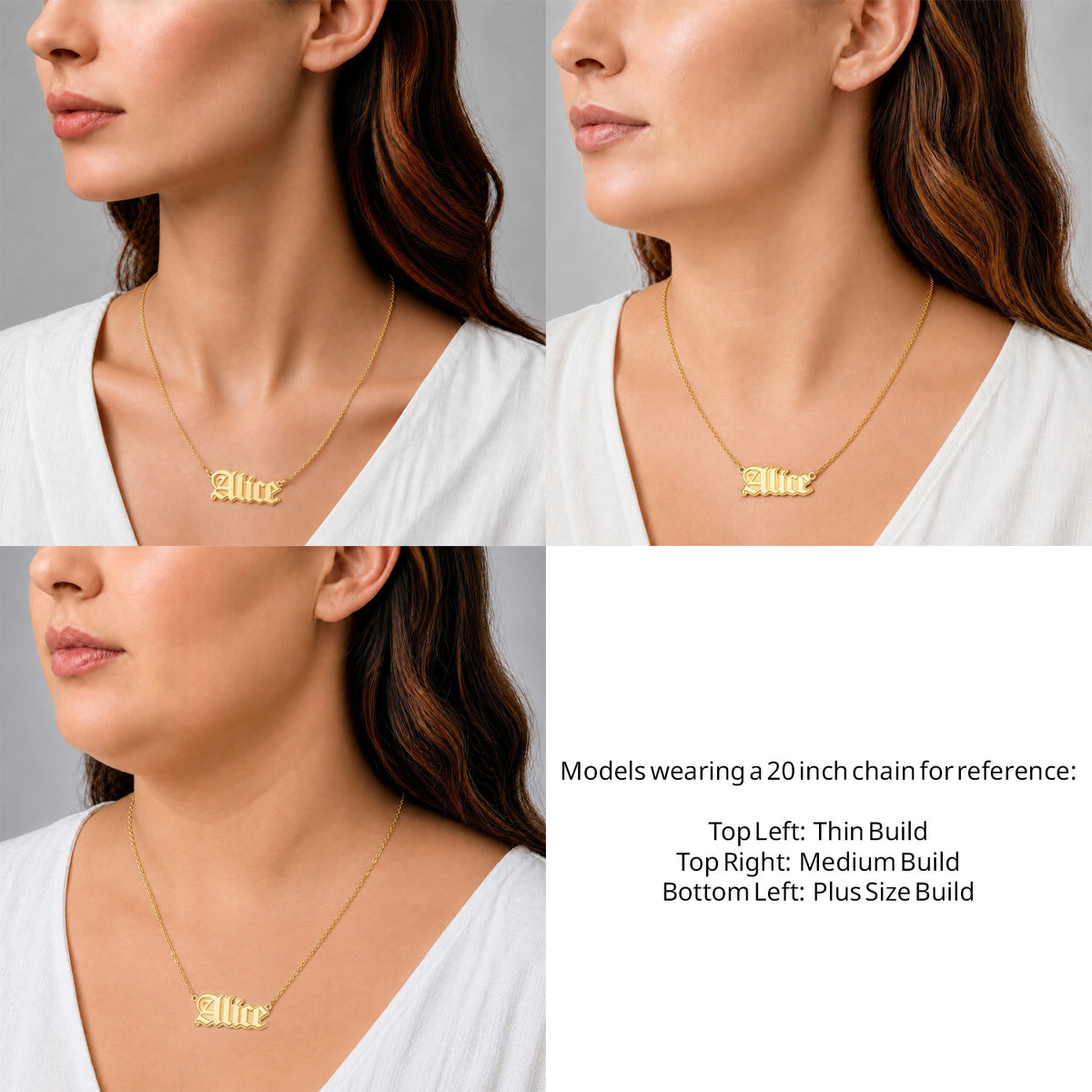 14 Karat Gothic Style Name Necklace on a 20-inch chain shown on thin, medium and plus-size models for size reference – AJ's Jewelry