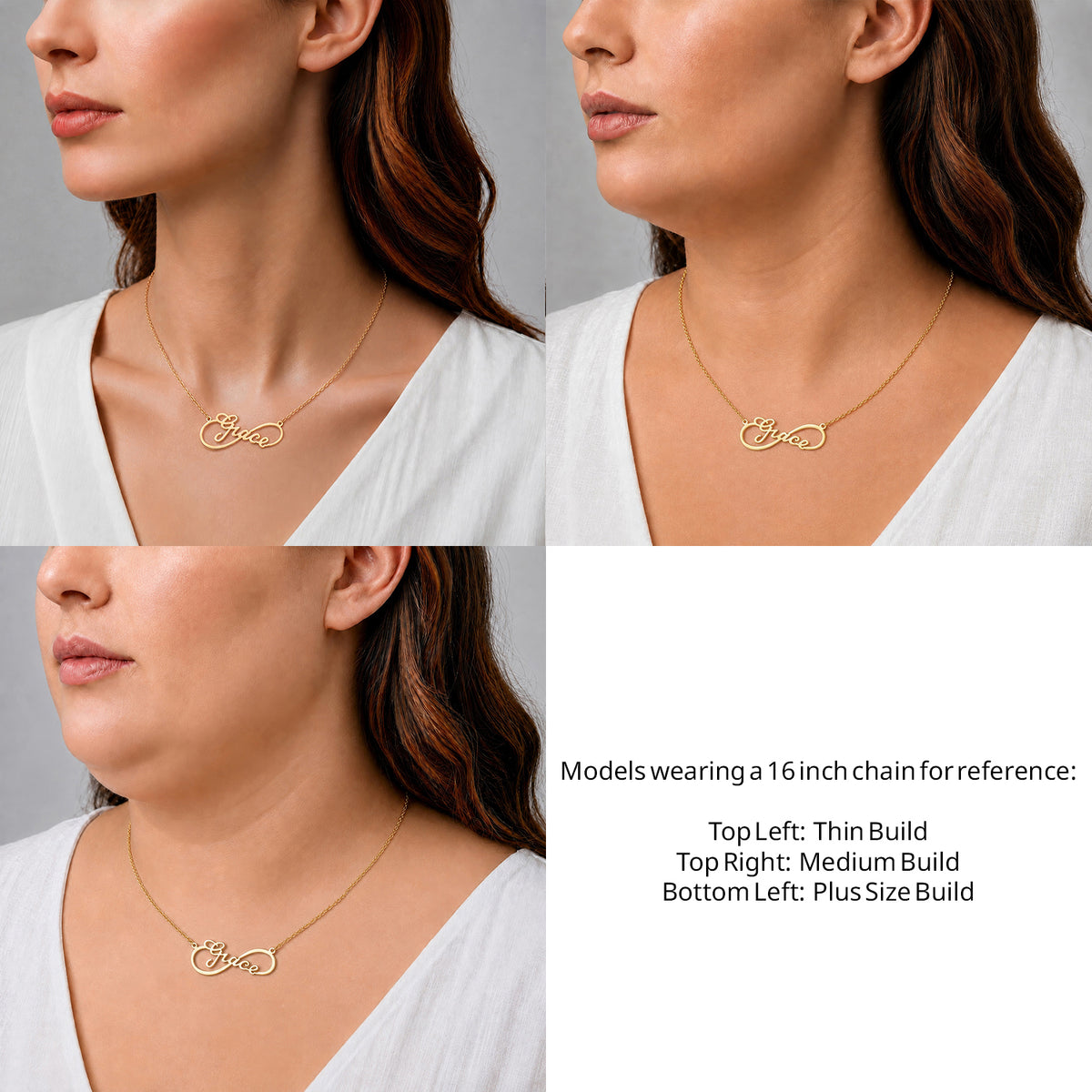 14 Karat Infinity Style Name Necklace on a 16-inch chain shown on thin, medium and plus-size models for size reference – AJ's Jewelry