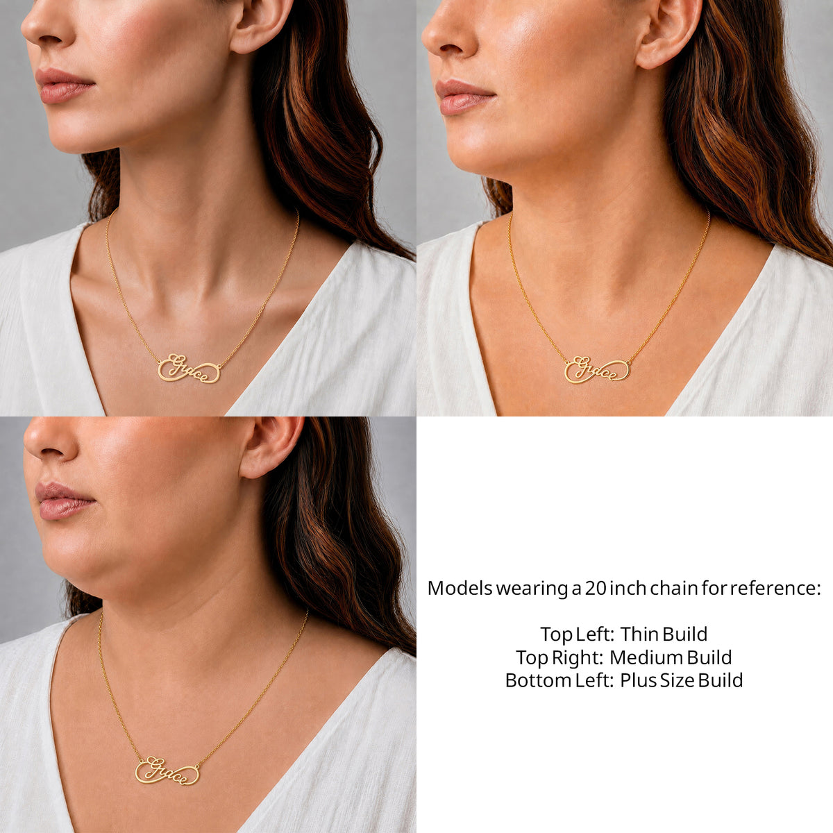 14 Karat Infinity Style Name Necklace on a 20-inch chain shown on thin, medium and plus-size models for size reference – AJ's Jewelry