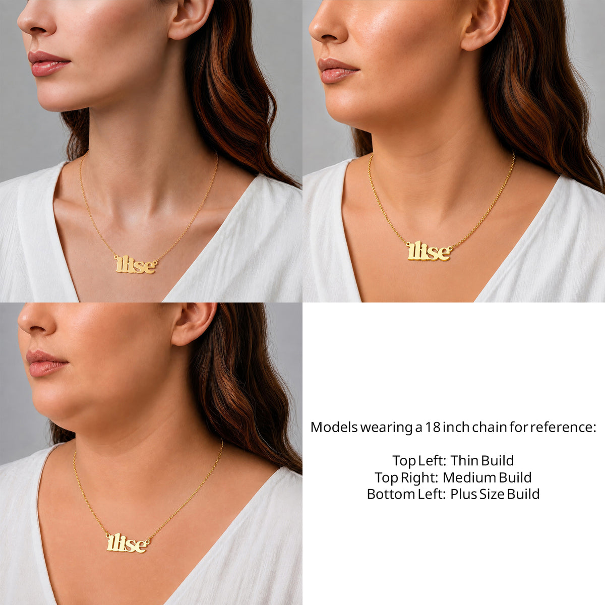 14 Karat Lowercase Bold Name Necklace on an 18-inch chain shown on thin, medium and plus-size models for size reference – AJ's Jewelry