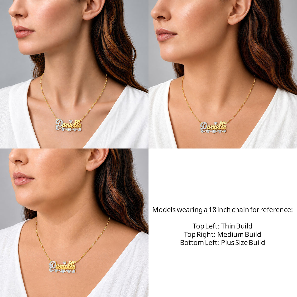 14 Karat Polished and Diamond Cut 3D Name Necklace on an 18-inch chain shown on thin, medium and plus-size models for size reference – AJ's Jewelry