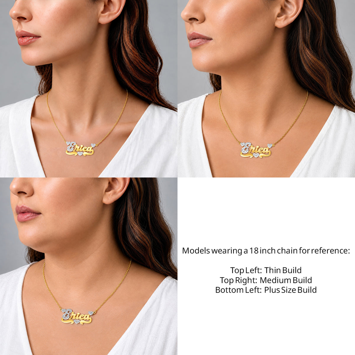 14 Karat Polished and Diamond Cut 3D Name Necklace with Three Hearts on an 18-inch chain shown on thin, medium and plus-size models for size reference – AJ's Jewelry