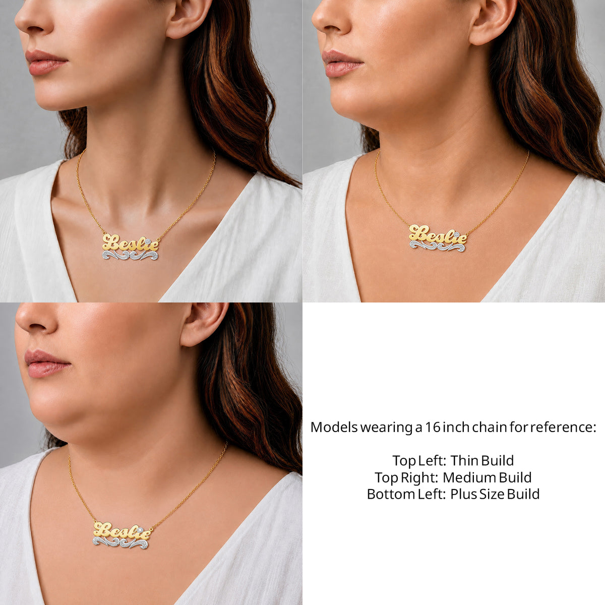 14 Karat Script Name Necklace with Tail on a 16-inch chain shown on thin, medium and plus-size models for size reference – AJ's Jewelry