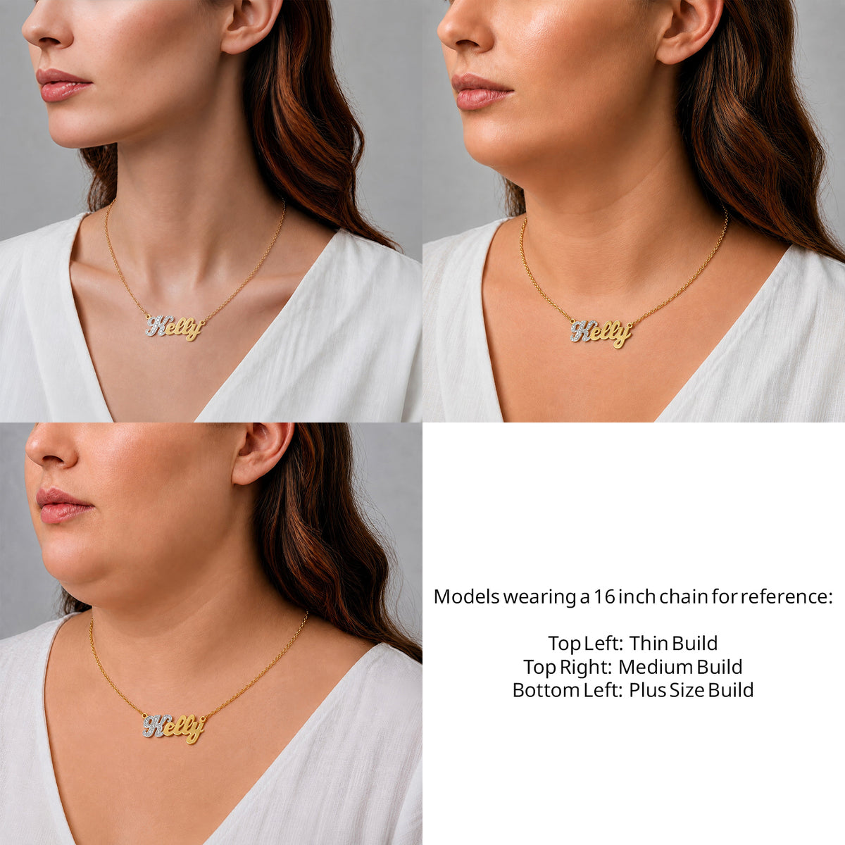 14 Karat Small Name Necklace on a 16-inch chain shown on thin, medium and plus-size models for size reference – AJ's Jewelry