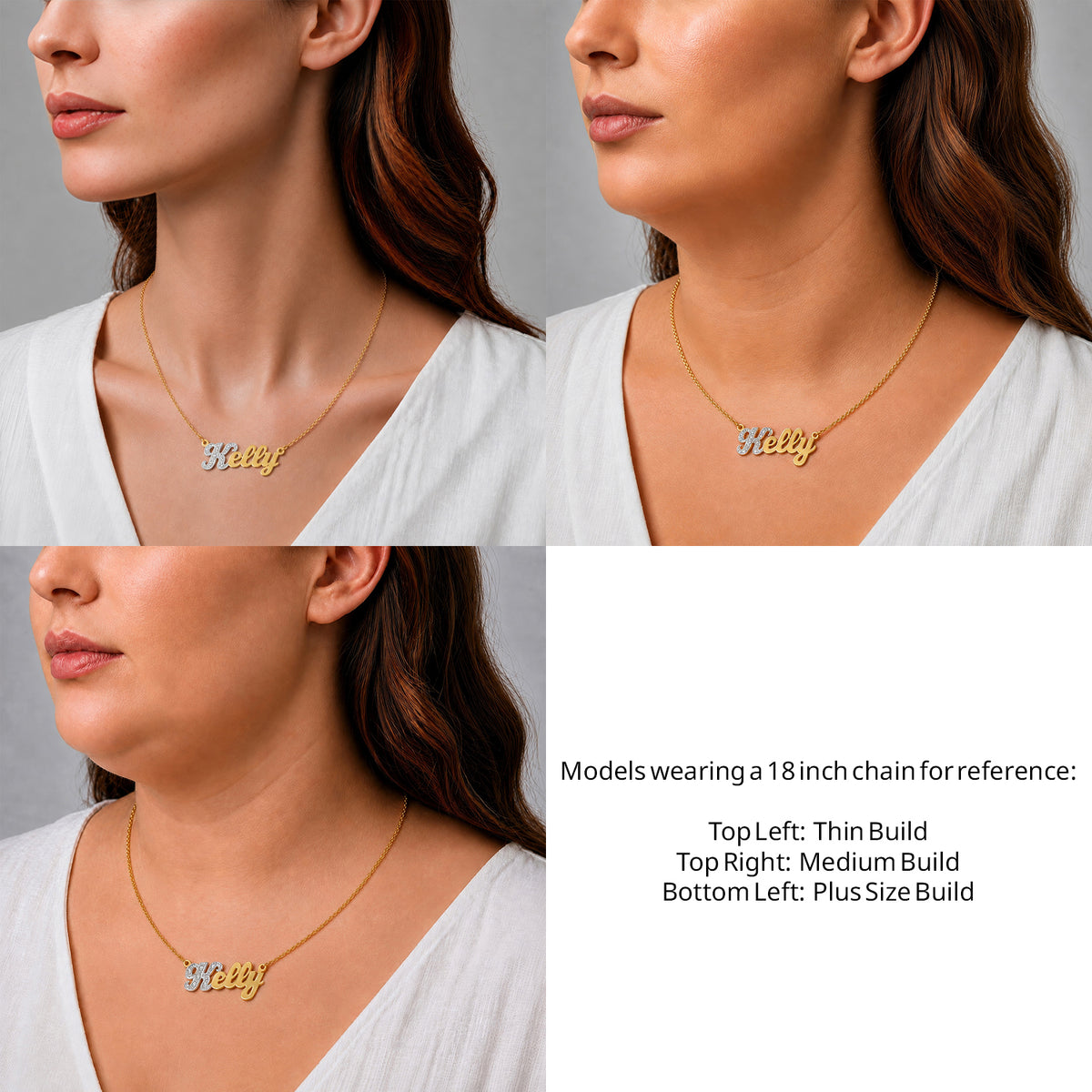 14 Karat Small Name Necklace on an 18-inch chain shown on thin, medium and plus-size models for size reference – AJ's Jewelry