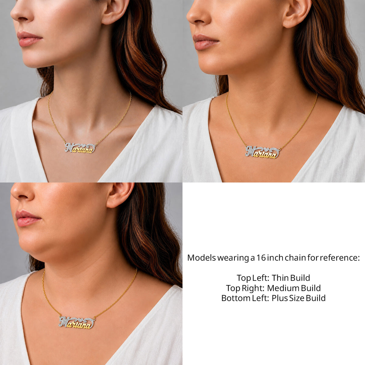 14 Karat Small Name Necklace with Heart on a 16-inch chain shown on thin, medium and plus-size models for size reference – AJ's Jewelry