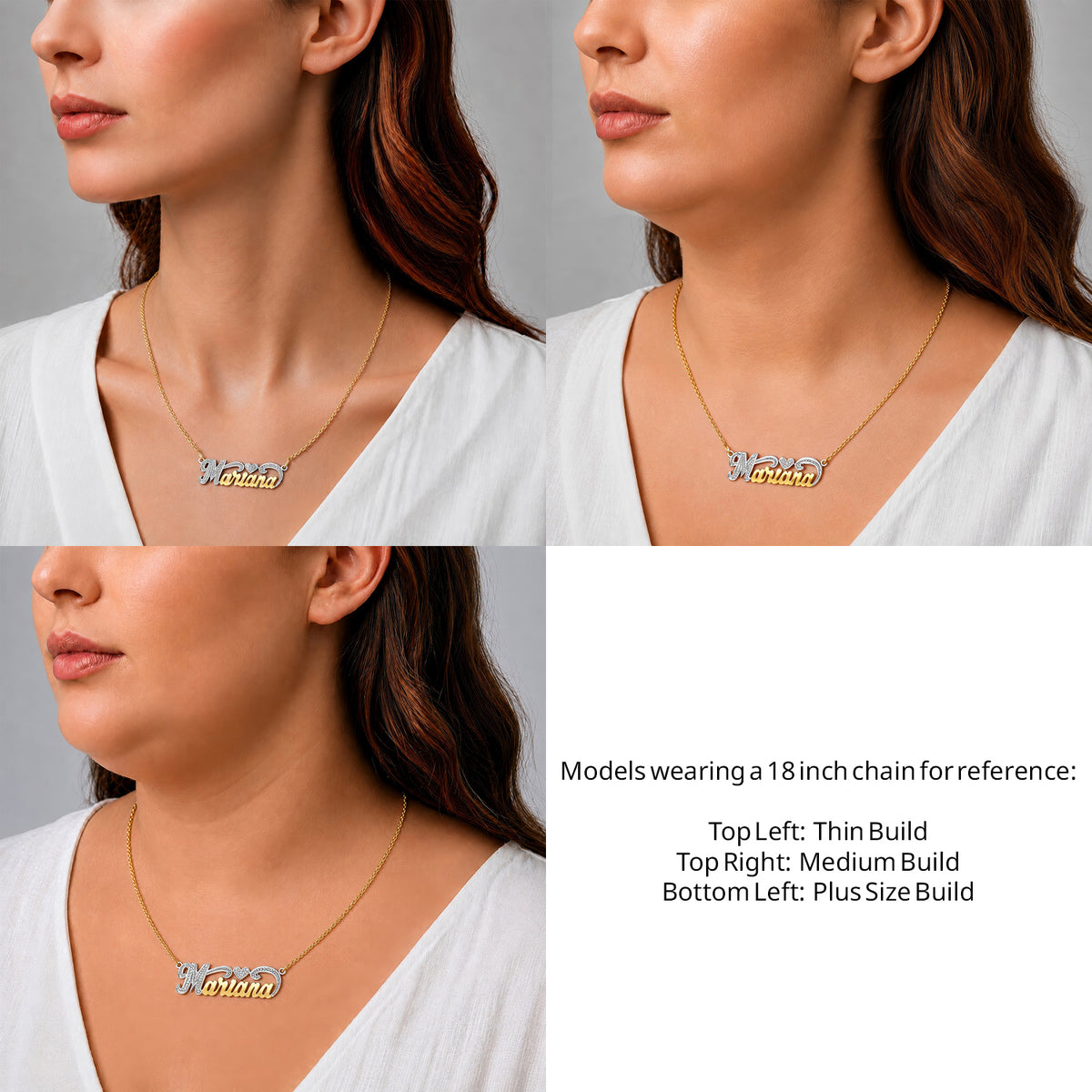 14 Karat Small Name Necklace with Heart on an 18-inch chain shown on thin, medium and plus-size models for size reference – AJ's Jewelry