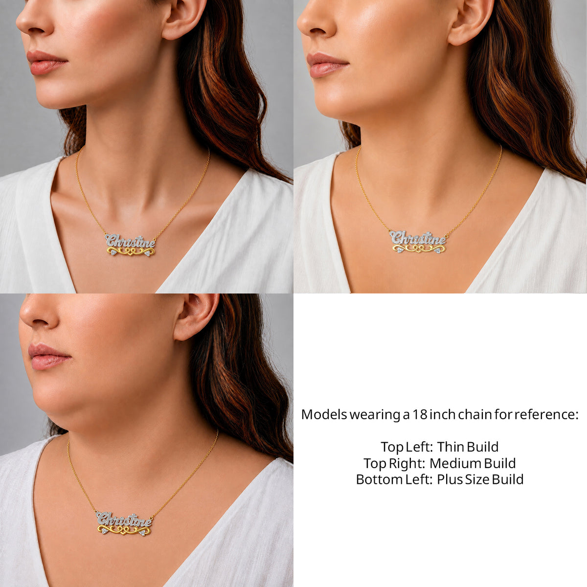 14 Karat Solid Gold Name Necklace with Hearts on an 18-inch chain shown on thin, medium and plus-size models for size reference – AJ's Jewelry