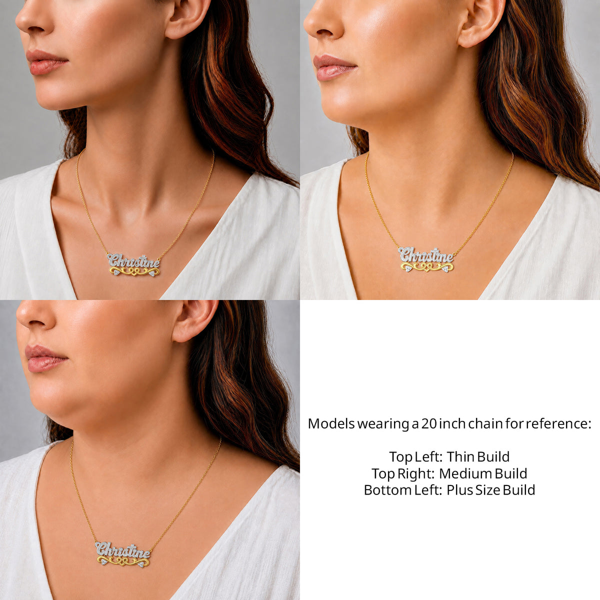 14 Karat Solid Gold Name Necklace with Hearts on a 20-inch chain shown on thin, medium and plus-size models for size reference – AJ's Jewelry